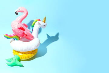Unicorn, flamingo and pineapple swim tube on blue background. Inflatable unicorn, flamingo and...