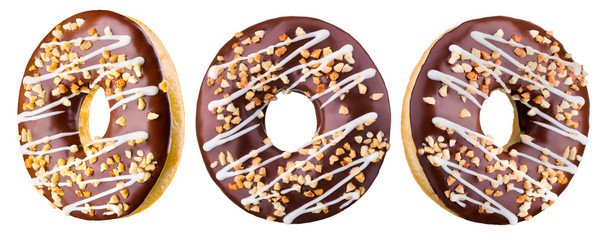 Set of glazed donuts with sprinkles on a white background