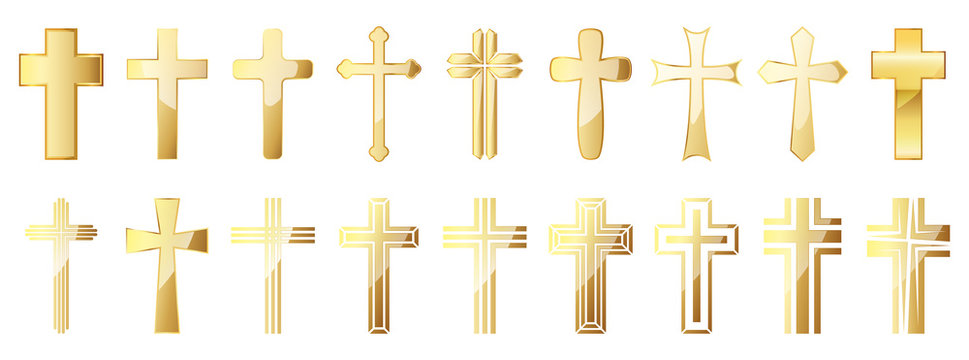 Christian Cross icons set. Gold vector christian cross
