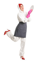 Housewife in protective costume, with sponge and plate on white background