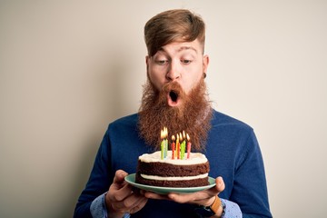 Irish redhead man with beard holding birthday cake with burning candles over isolated background with a confident expression on smart face thinking serious