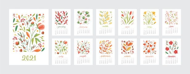 Set of various calendar templates for 2021 year vector flat illustration. Colorful creative pages decorated by natural blossom isolated on white. Collection of schedule design week start on sunday - obrazy, fototapety, plakaty