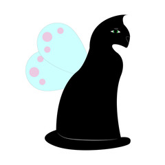 Illustration of a black cat with blue wings and a green eye isolated on a white background.