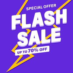 Flash Sale banner, special offer and sale. Shop now or this weekend only. Up to 50 or 60 or 70 off. Discount, mega sale. Vector illustration.