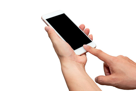 Close up man hand holding and pointing with figer on mobile phone isolated on white background. Blank screen to put it on your own webpage or message