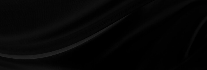 Black gray satin dark fabric texture luxurious shiny that is abstract silk cloth panorama background with patterns soft waves blur beautiful.