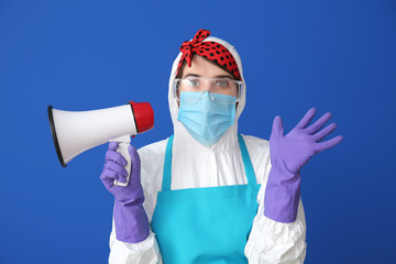 Housewife in protective costume and with megaphone on color background