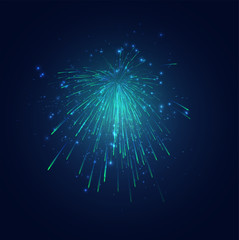 green and blue fireworks in the night sky, festive vector set of sparks and moods