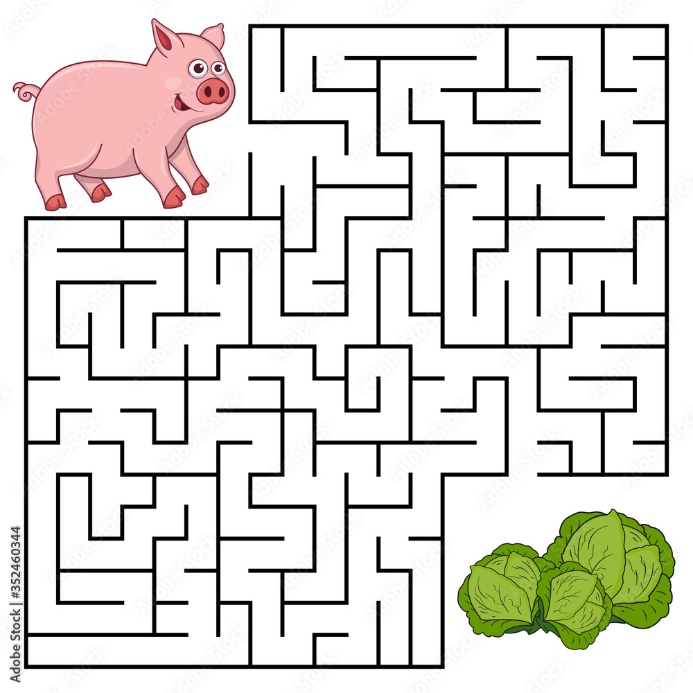 Wall mural square maze for kids with cartoon pig. find right way to the cabbage. entry and exit. puzzle game wi