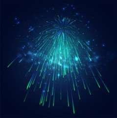 green and blue fireworks in the night sky, festive vector set of sparks and moods