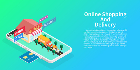 Online shopping and delivery isometric vector, Shop or store and delivery car on phone screen with road, White phone, Copy space, New normal.