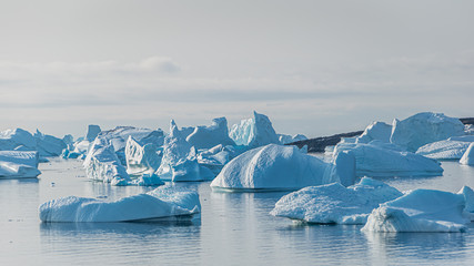 Big blue icebergs, arctic landscape, sunny day, Greenland , wide format