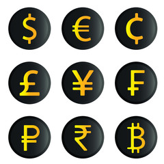 Vector image of nine world currencies. Icons of dollar, euro, cent, pound, yen, franc, ruble, rupee, bitcoin. Black icons with golden symbols in the gradient.