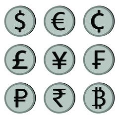 Vector image of nine world currencies. Icons of dollar, euro, cent, pound, yen, franc, ruble, rupee, bitcoin in the form of silver coins with volume. Flat icons with shadows.