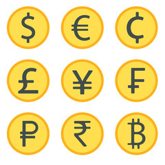 Vector image of nine world currencies. Icons of dollar, euro, cent, pound, yen, franc, ruble, rupee, bitcoin in the form of gold coins. Flat icons.