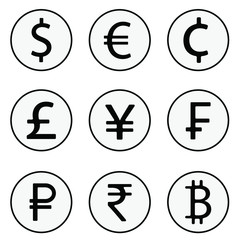 Vector image of nine world currencies. Icons of dollar, euro, cent, pound, yen, franc, ruble, rupee, bitcoin in the form of flat icons.