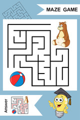 Simple Labyrinth with funny Bear isolated on colorful background. Find right way to the Ball. Entry and exit. Game with Answer. Education worksheet. Activity page. Logic Games for kids. Cartoon style.