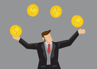 Businessman Juggling with Different Currencies Vector Cartoon Illustration