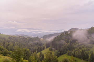 Stunning nature with misty landscape,Holbav village,Carpathians,Transylvania,Romania,Europe