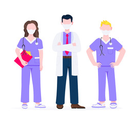 Successful team of medical employee doctors with face masks vector illustration isolated on white background. Three hospital or medic clinic staff doctors standing up with equipment.