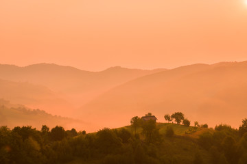 Stunning nature with misty landscape,Holbav village,Carpathians,Transylvania,Romania,Europe
