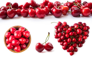 Red cherries isolated on white cutout. Ripe cherries isolated on white background. Cherry from different angles on white. Immunity system improvement. Antiviral treatment. 