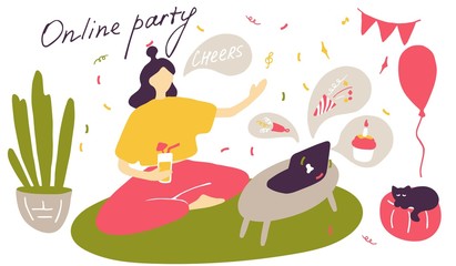 Girl drinks wine at online party. Network celebration, friends virtual meeting, video conference. Remote Network Communication. Vector flat doodle illustration