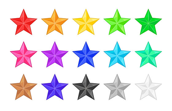Colored star icons for rank or rating. Vector cartoon set of shiny colorful stars for web button, label for success, best quality or new status. Sign of top service, award in game