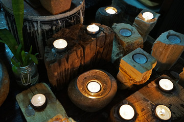 Close up wooden candle holders