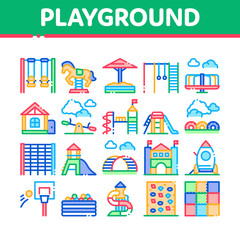 Playground Children Collection Icons Set Vector. Basketball And Climbing Wall, Seesaw And Swing In Horse Form Playground Attraction Concept Linear Pictograms. Color Illustrations