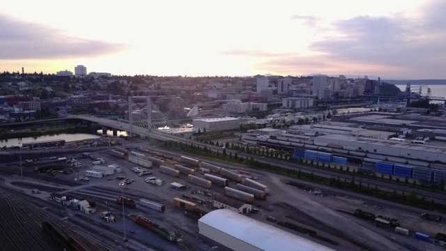 Scenic View Of The East 21st Street Bridge In Tacoma, Washington Over Thea Foss Waterway On A Sunrise - aerial shot