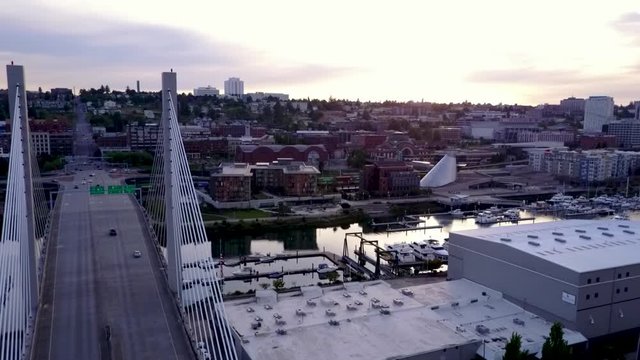 The East 21st Street Bridge Crossing The Thea Foss Waterway In Tacoma, Washington - aerial shot