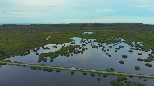 Aerial view of the great Icacos lagoon on the south western peninsula of the Caribbean island of Trinidad