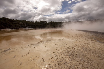 Colorful Rotorua, shrouded in pairs rising from the ground. North Island of New Zealand