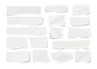 Set of paper different shapes ripped scraps fragments wisps isolated on white. Vector illustration.