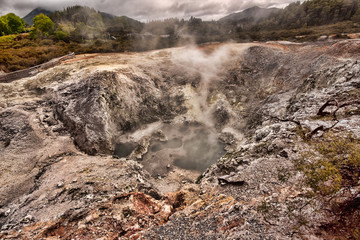 Colorful Rotorua, shrouded in pairs rising from the ground. North Island of New Zealand