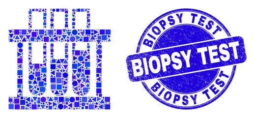 Geometric chemical test tubes mosaic icon and Biopsy Test stamp. Blue vector round scratched seal with Biopsy Test title. Abstract mosaic of chemical test tubes constructed of round, tringle,