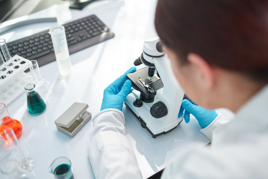 Female laboratory assistant looking through microscope in laboratory, closeup.