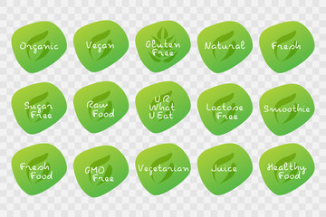 Organic, Vegan, Gluten Free, Natural, Fresh, Sugar, Raw, Lactose, Healthy Food, Smoothie, Juice, Vegetarian icons. Vector green symbol set for design, product, sticker, label, logo