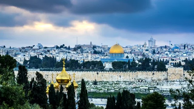 Russian Church of Mary Magdalene, Dome of the Rock and the Golden Gate, seen from the Mount of Olives, Jerusalem Israel
