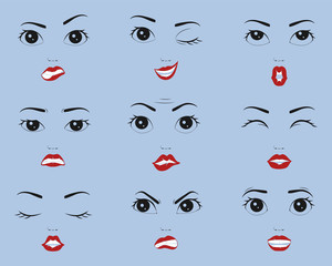 Set of female emotions, female faces with different emotions. Expression of female faces, lips, nose, eyes. Cut Out vector clipart for printing on t-shirts, women's mood.