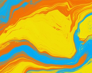 Abstract Liquid smooth orange blue and yellow fresh color, curve lines marble pattern textures, watercolor decoration fluid flowing acrylic art modern cool background, creative paint brush color