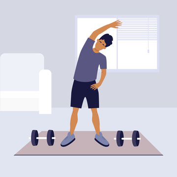 Home workout vector. Man doing sports at home. Stay home and workout. Flat character illustration. 
