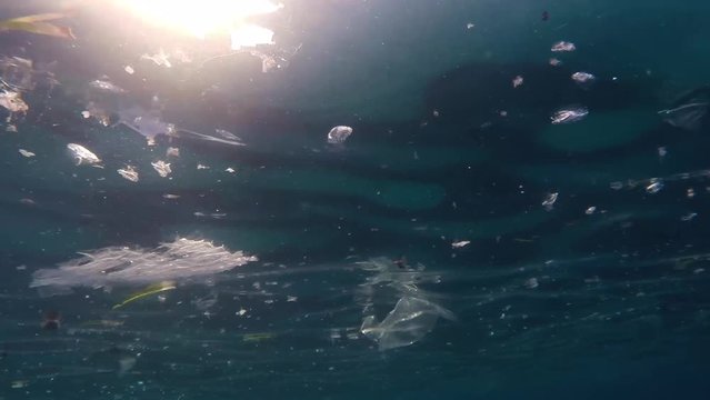 Plastics in the ocean. Pollution of the sea. Plastics and bags floating on the surface and on the seabed. Dirty and polluted Mediterranean sea full of plastic
