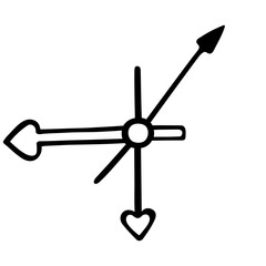 Clock hands. Vector illustration. Contour on an isolated white background. Doodle style. Sketch. Hours, minutes, seconds. The time has come to act. Design element. Ticking mechanism. Heart shaped tip.