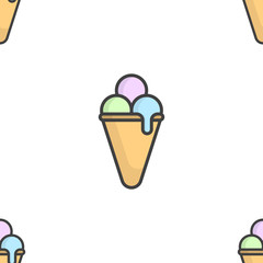 Seamless pattern with balls of ice cream in a conical waffle cup. Multicolored cartoon performance. Filling the canvas with images of different sizes. Isolated vector on a white background.