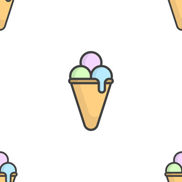 Seamless pattern with balls of ice cream in a conical waffle cup. Multicolored cartoon performance. Filling the canvas with images of different sizes. Isolated vector on a white background.