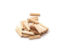 wooden dowel for assembling furniture on a white background, isolate, close-up