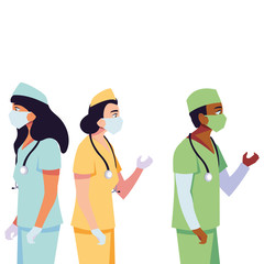 female and male doctors with uniforms and masks vector design
