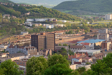 Fototapeta na wymiar Usti nad labem city center panorama aerial view cityscape - chemical factory districts - Strekov, Predlice